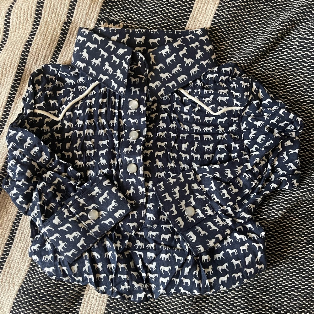 Baby Wrangler Blue and White Horse Onesie with Pearl Snaps 6-9months